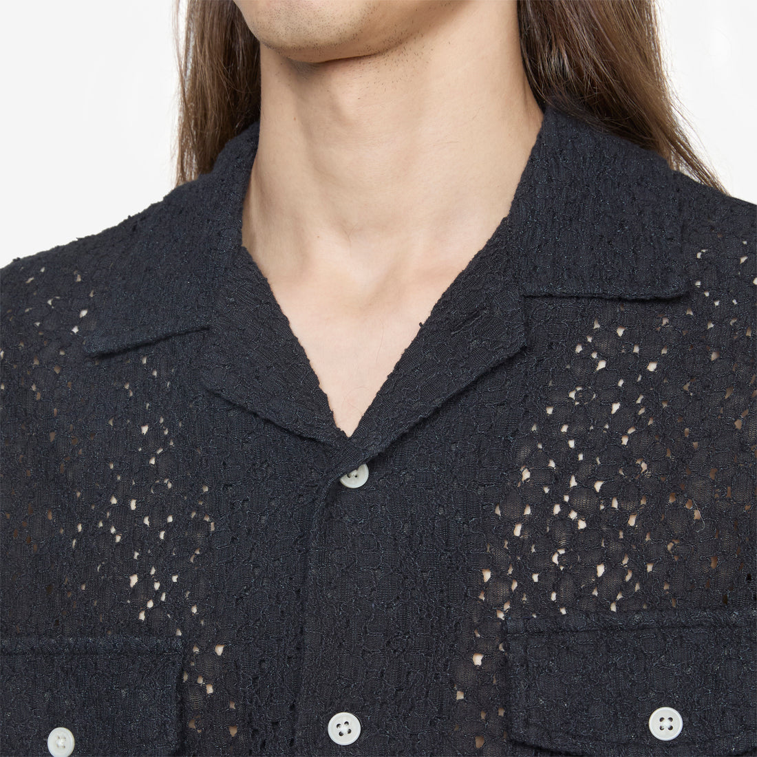 Floral Lace Short Sleeve Camp Shirt Black Shirts