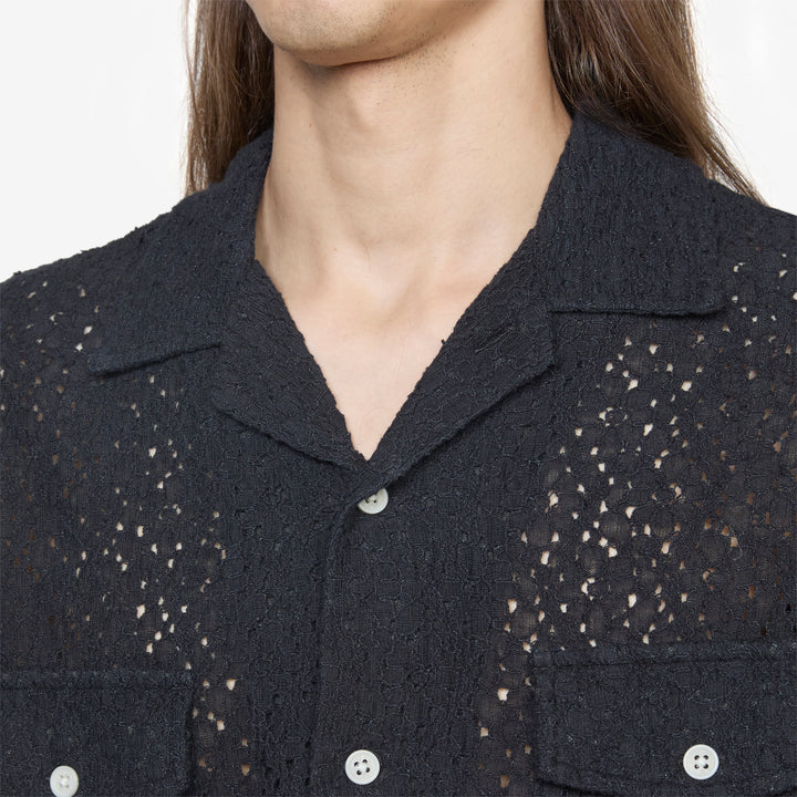 Floral Lace Short Sleeve Camp Shirt Black