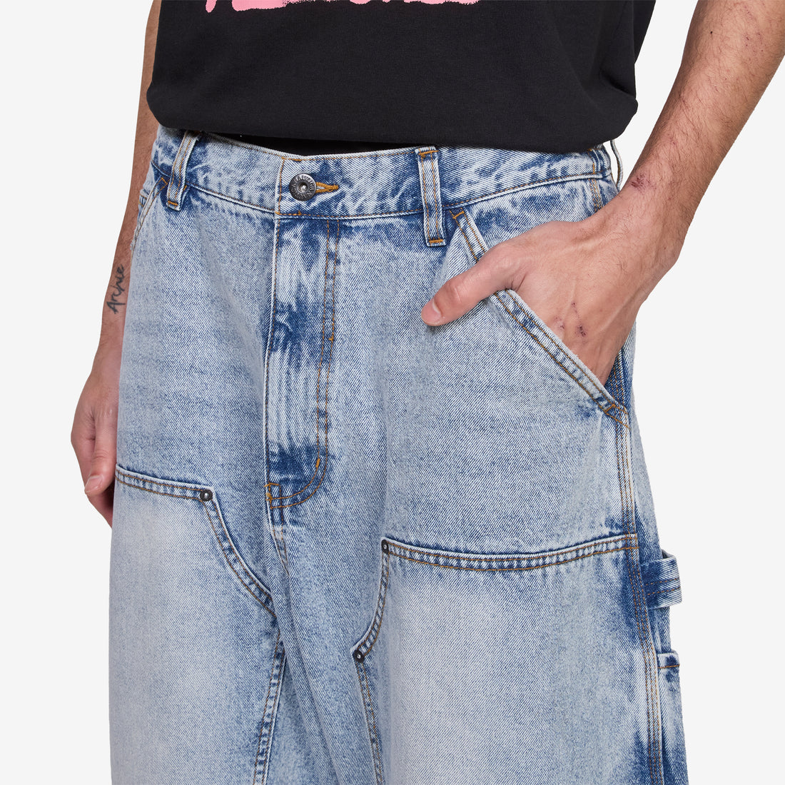 Super Wide Curve Double Knee Painter Denim Pants Black Pants