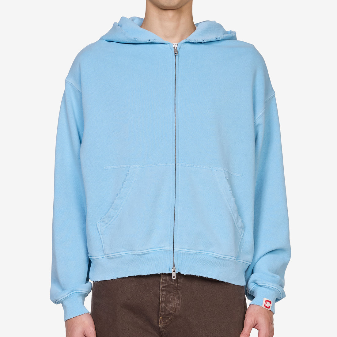 Distressed Zip Up Hoodie Sky Blue Jumpers