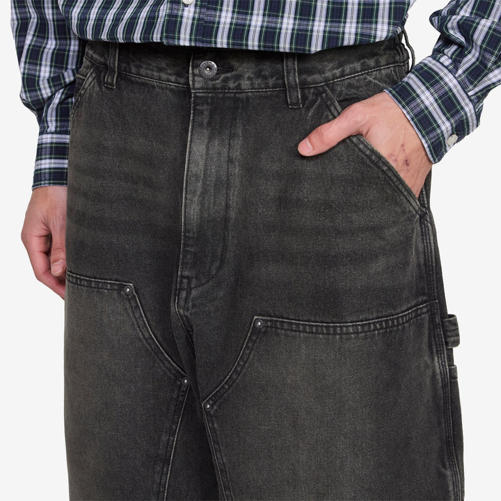 Super Wide Curve Double Knee Cropped Denim Pants Black