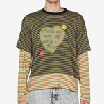 Heart Message Stripe Layered Longsleeve T-Shirt Khaki