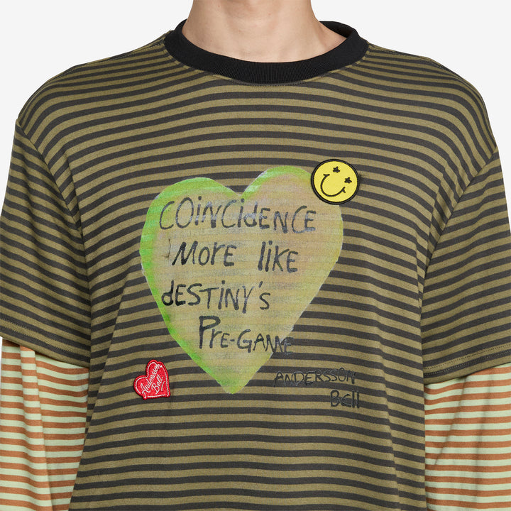 Heart Message Stripe Layered Longsleeve T-Shirt Khaki