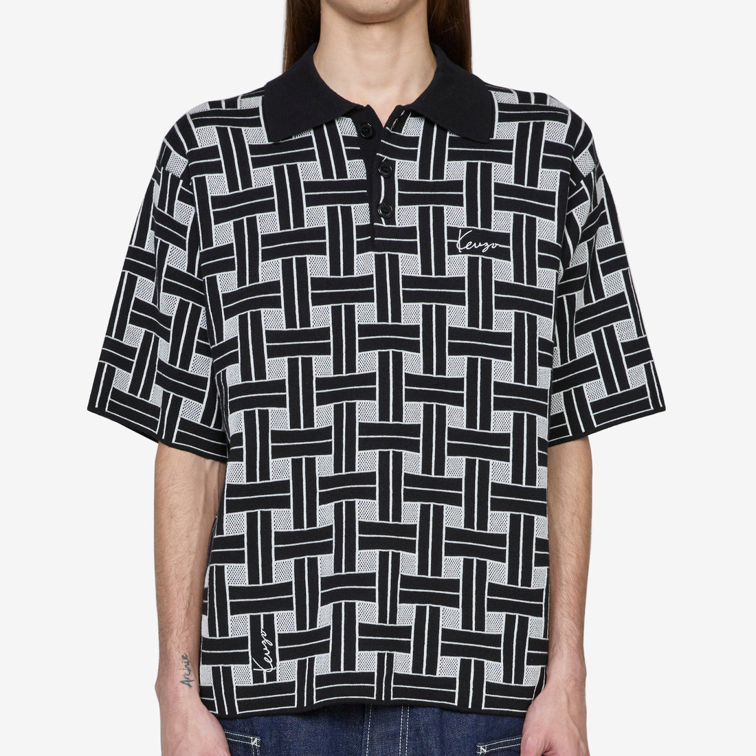 'KENZO Weave' Embroidered Polo Black Shirts