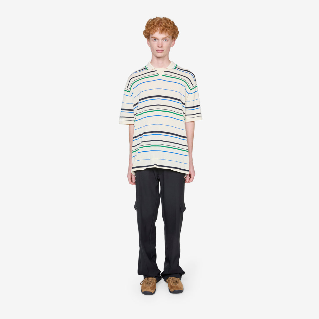 Wales Bonner x Knit Polo Shirt Wonder White | Green | Bluebird Shirts