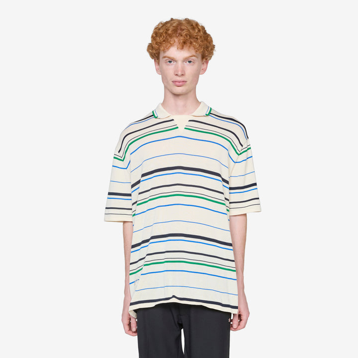 Wales Bonner x Knit Polo Shirt Wonder White | Green | Bluebird Front