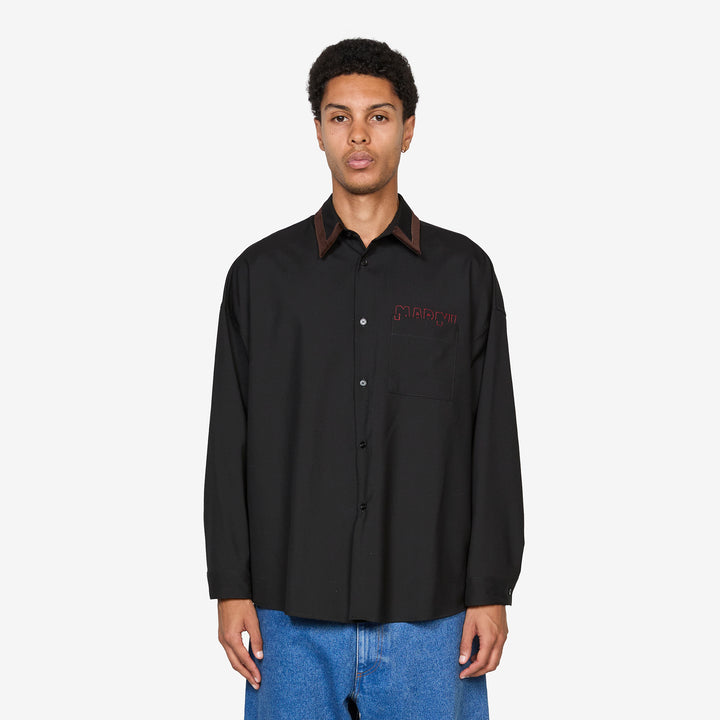 Velvet Collar Tropical Wool Longsleeve Shirt Black Front