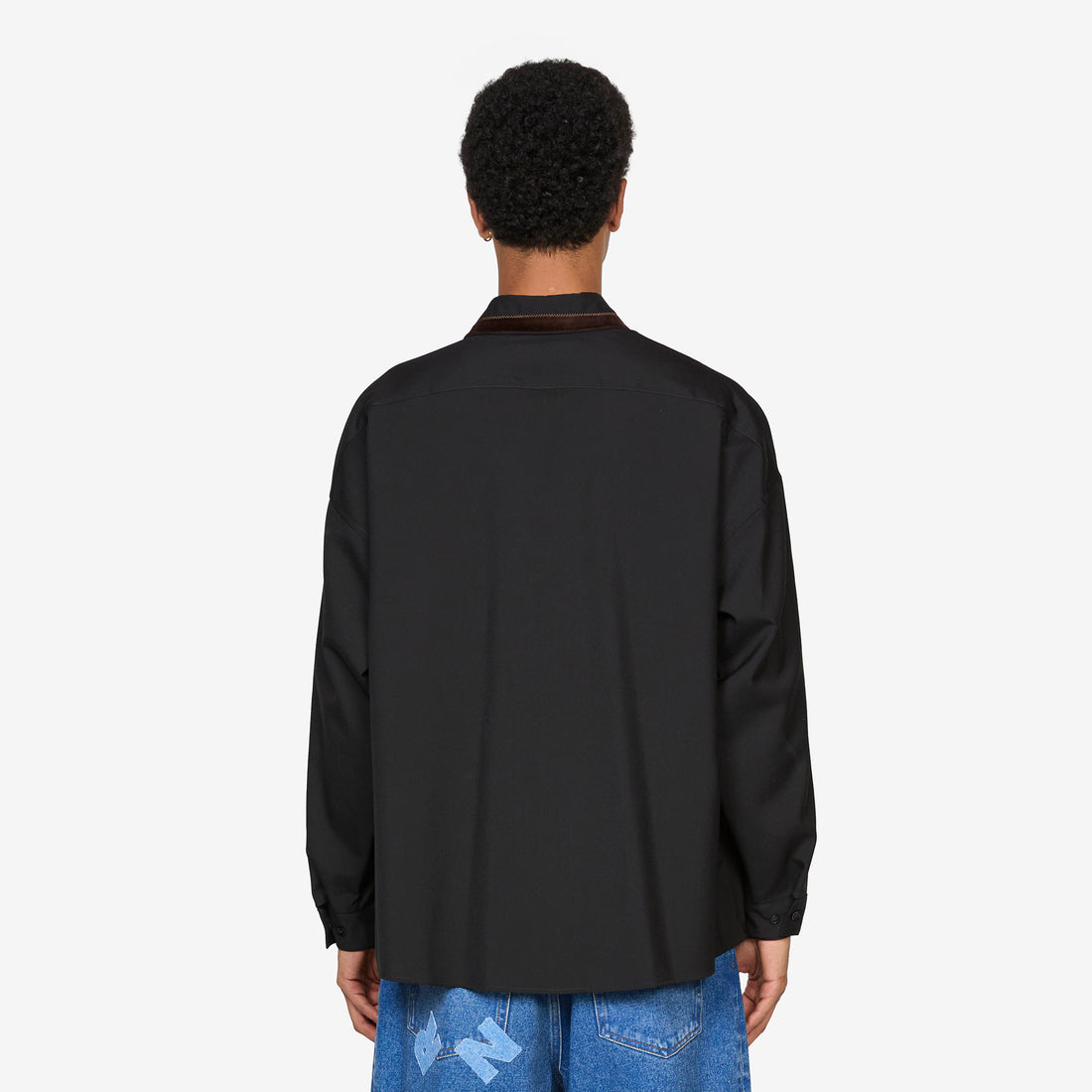 Velvet Collar Tropical Wool Longsleeve Shirt Black Shirts