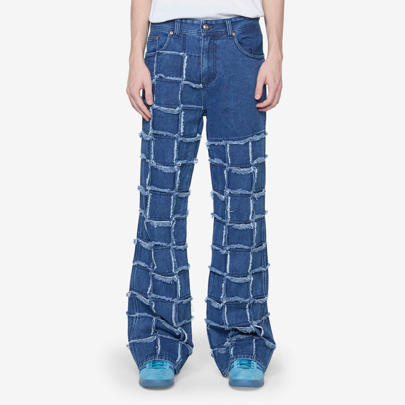New Patchwork Wide Leg Jeans Washed Blue Pants