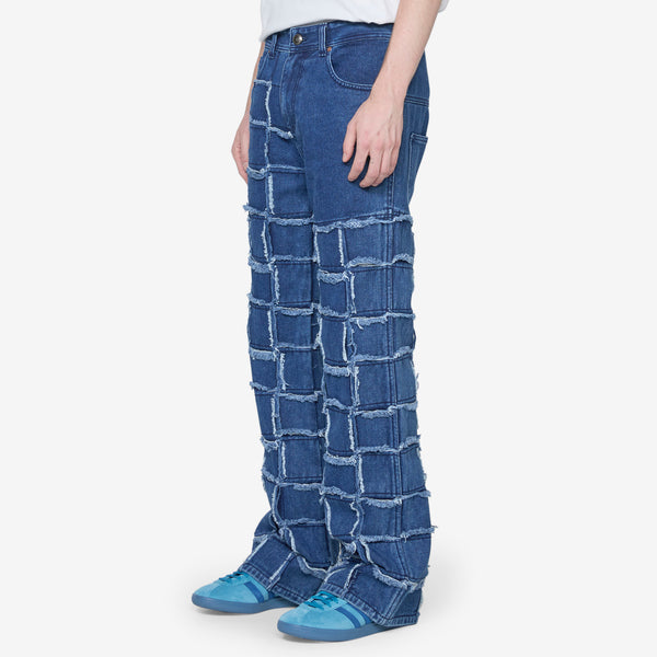 New Patchwork Wide Leg Jeans Washed Blue