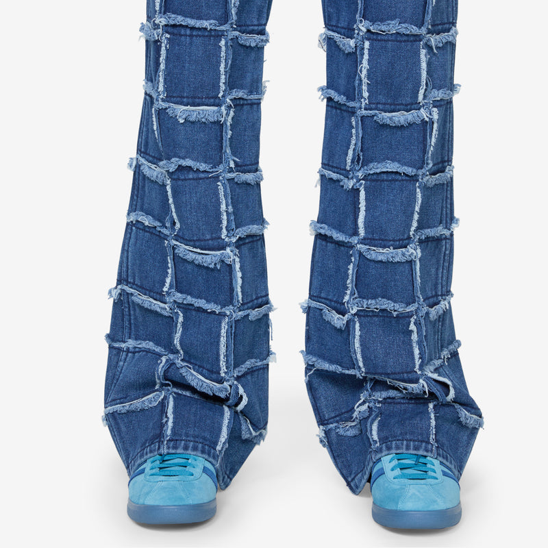 New Patchwork Wide Leg Jeans Washed Blue Pants