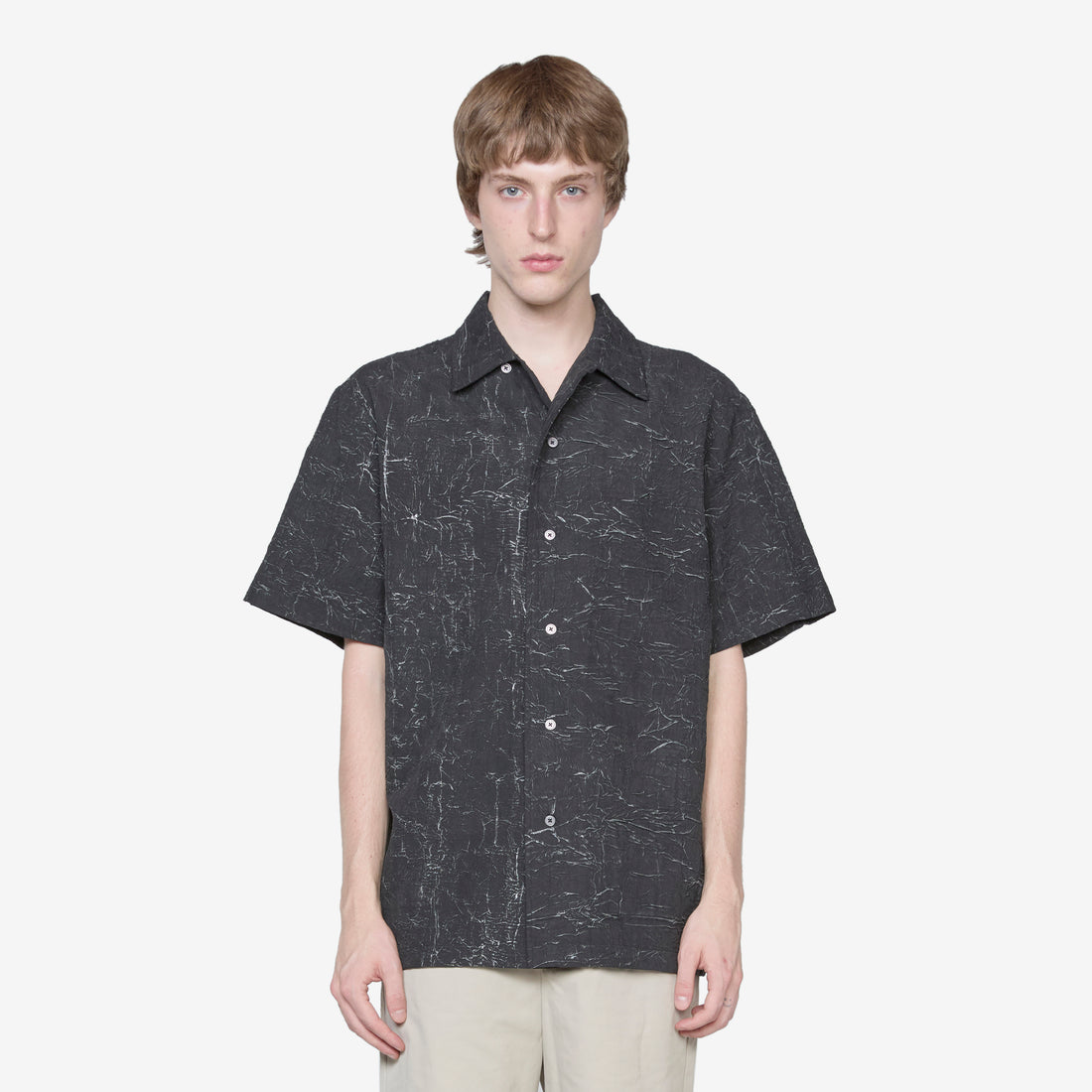 Wrinkle Bowling Short Sleeve Shirt Black Shirts
