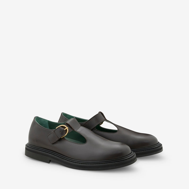Women's Vinnee T-Strap Derby Dark Brown Leather Footwear