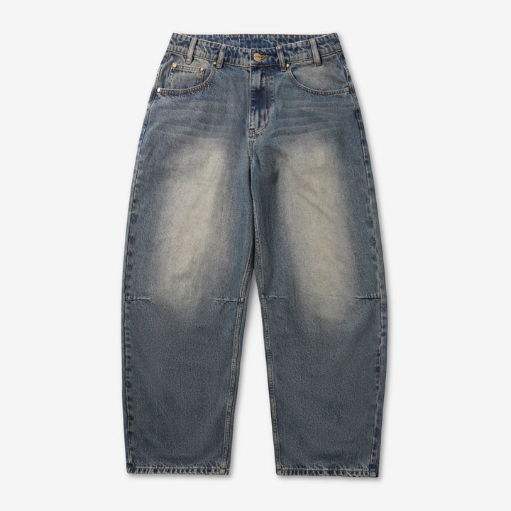 Wide Cut Denim Jeans Dirty Wash Indigo Front