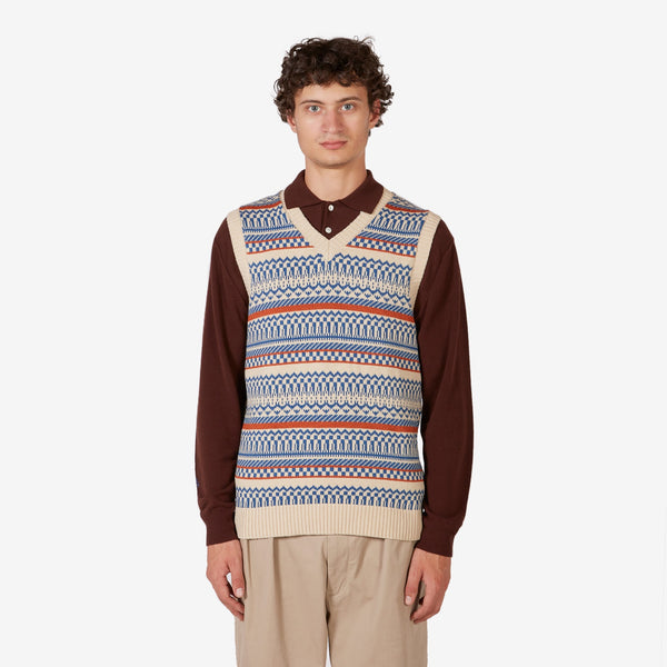 Indigo Knit Vest Fair Isle Pattern Natural