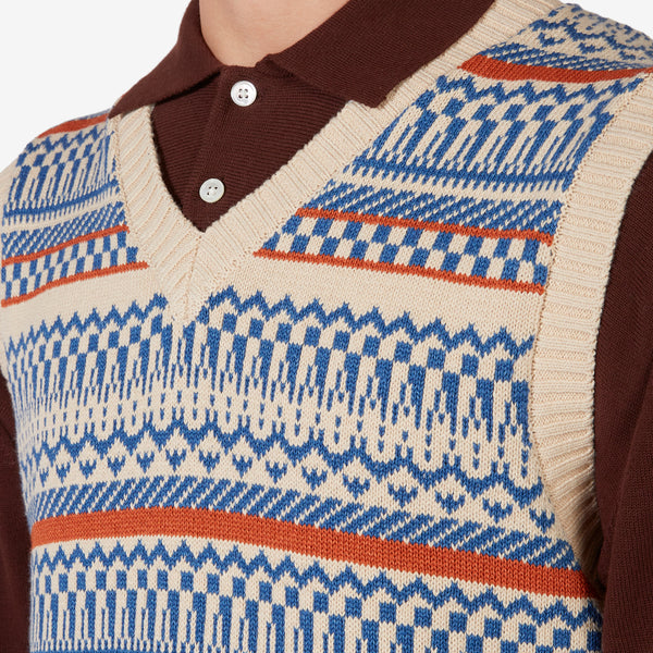 Indigo Knit Vest Fair Isle Pattern Natural