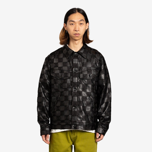 Faux Leather Checkerboard Trucker Jacket Black