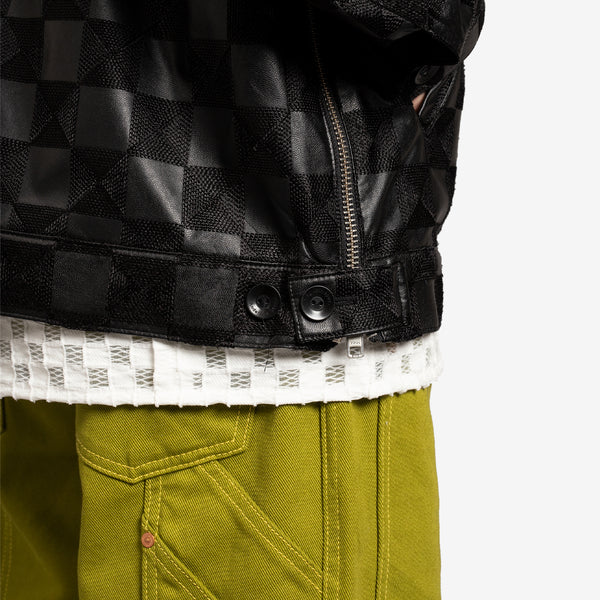 Faux Leather Checkerboard Trucker Jacket Black