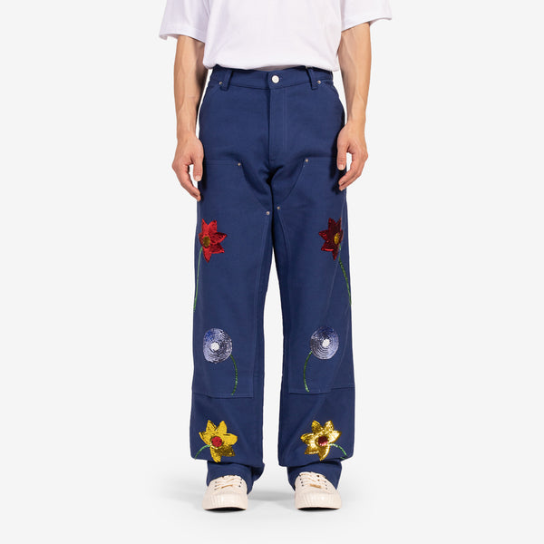 Embroidered Workwear Denim Double Knee Pants Blue