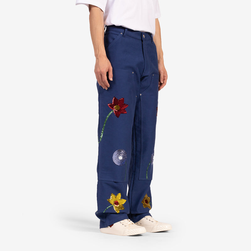 Embroidered Workwear Denim Double Knee Pants Blue