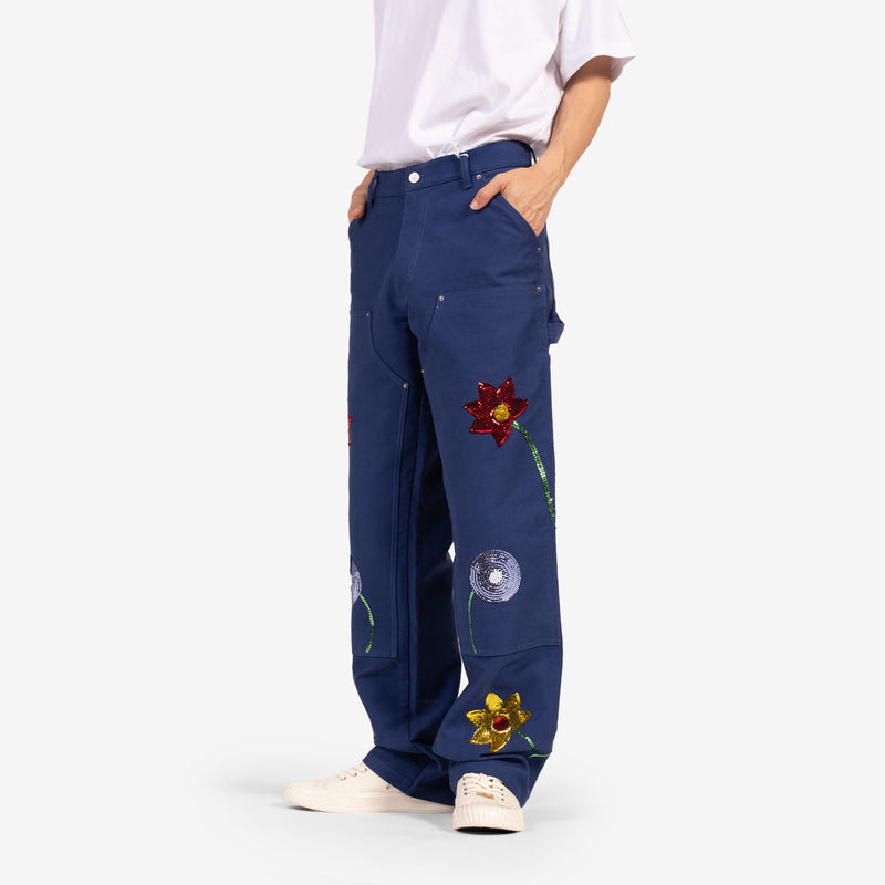 Embroidered Workwear Denim Double Knee Pants Blue