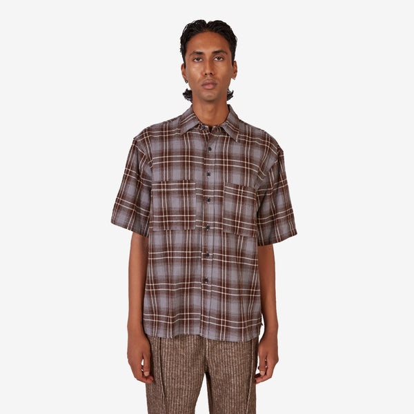 Short Sleeve Pocket Shirt Brown | Blue Plaid
