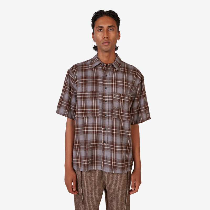 Short Sleeve Pocket Shirt Brown | Blue Plaid